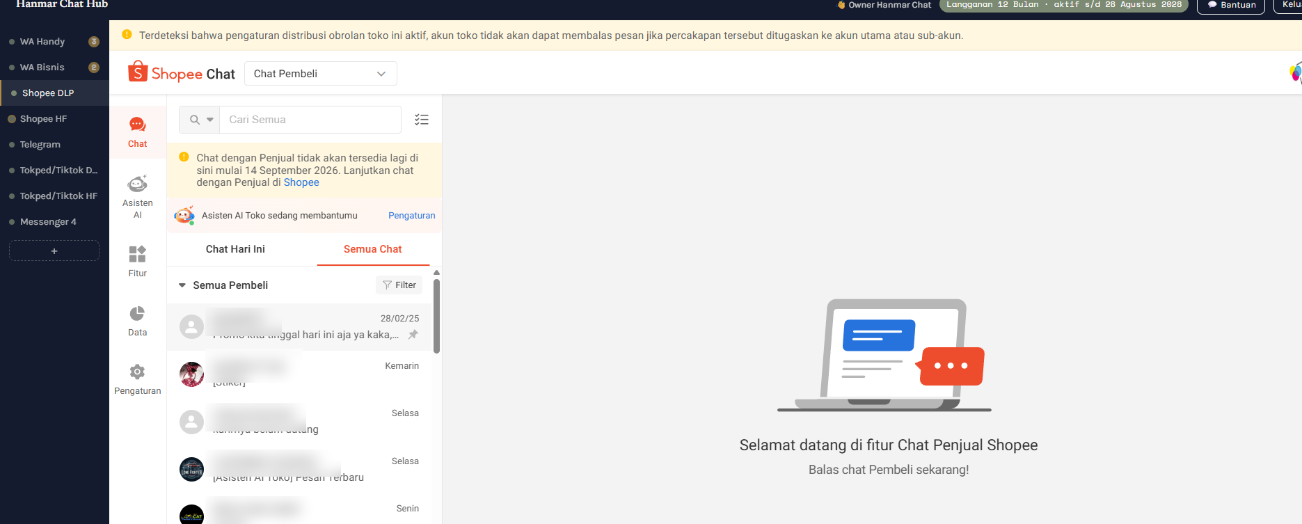 Tampilan Shopee Seller Centre di dalam Hanmar Chat Hub